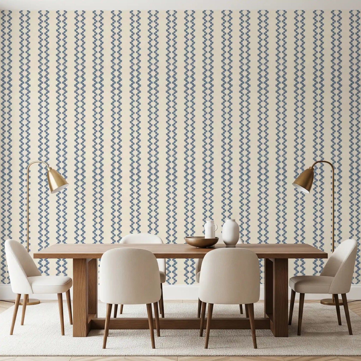 Zellige striped ornament wallpaper adding rhythm to a bright dining room