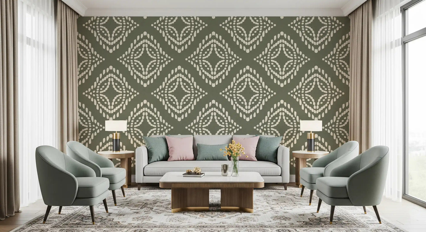 Concentric ivory clusters on palm green wallpaper anchor a cosy lounge