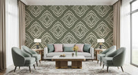 Concentric ivory clusters on palm green wallpaper anchor a cosy lounge
