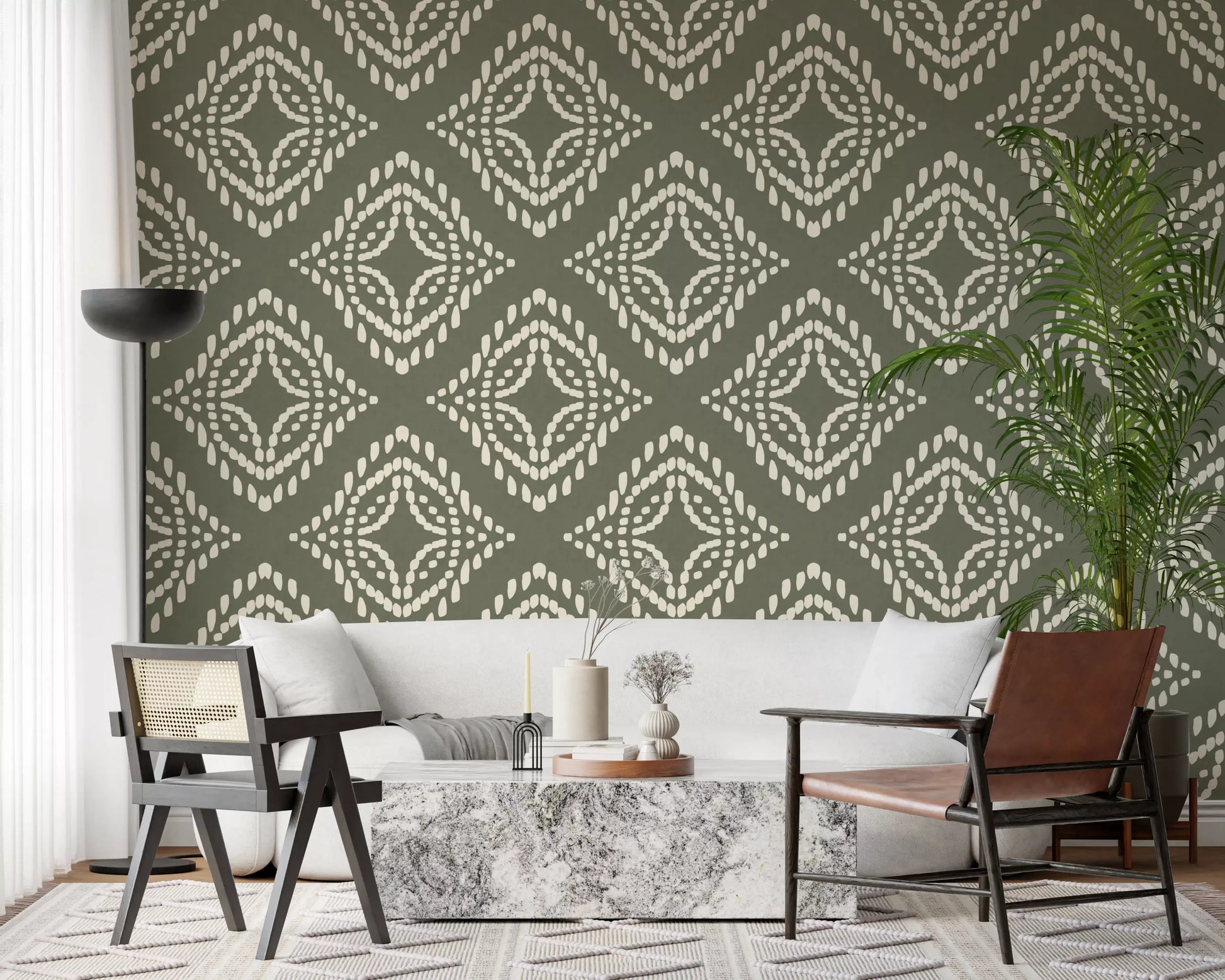 Muted green canvas wallpaper detailing an organic ornament look in ivory