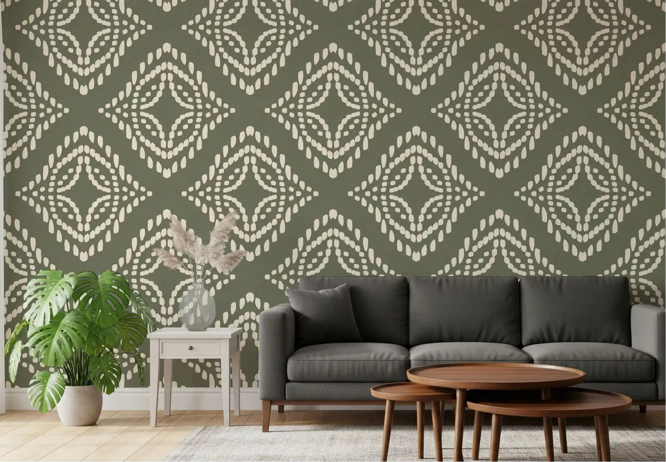 Palm green block ornament wallpaper sets a calm tone in this living room