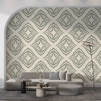 Boho ornament rhythm keeps a lounge feeling grounded with palm green wallpaper