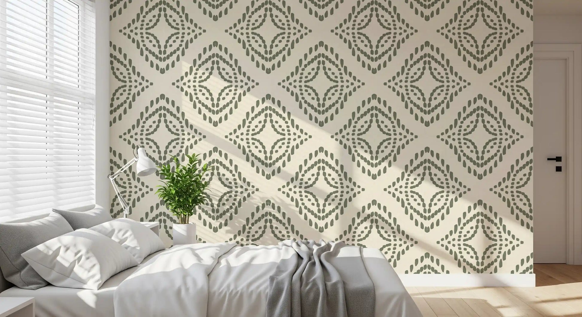 Concentric rings of pebble dots build the palm green ornament wallpaper motif