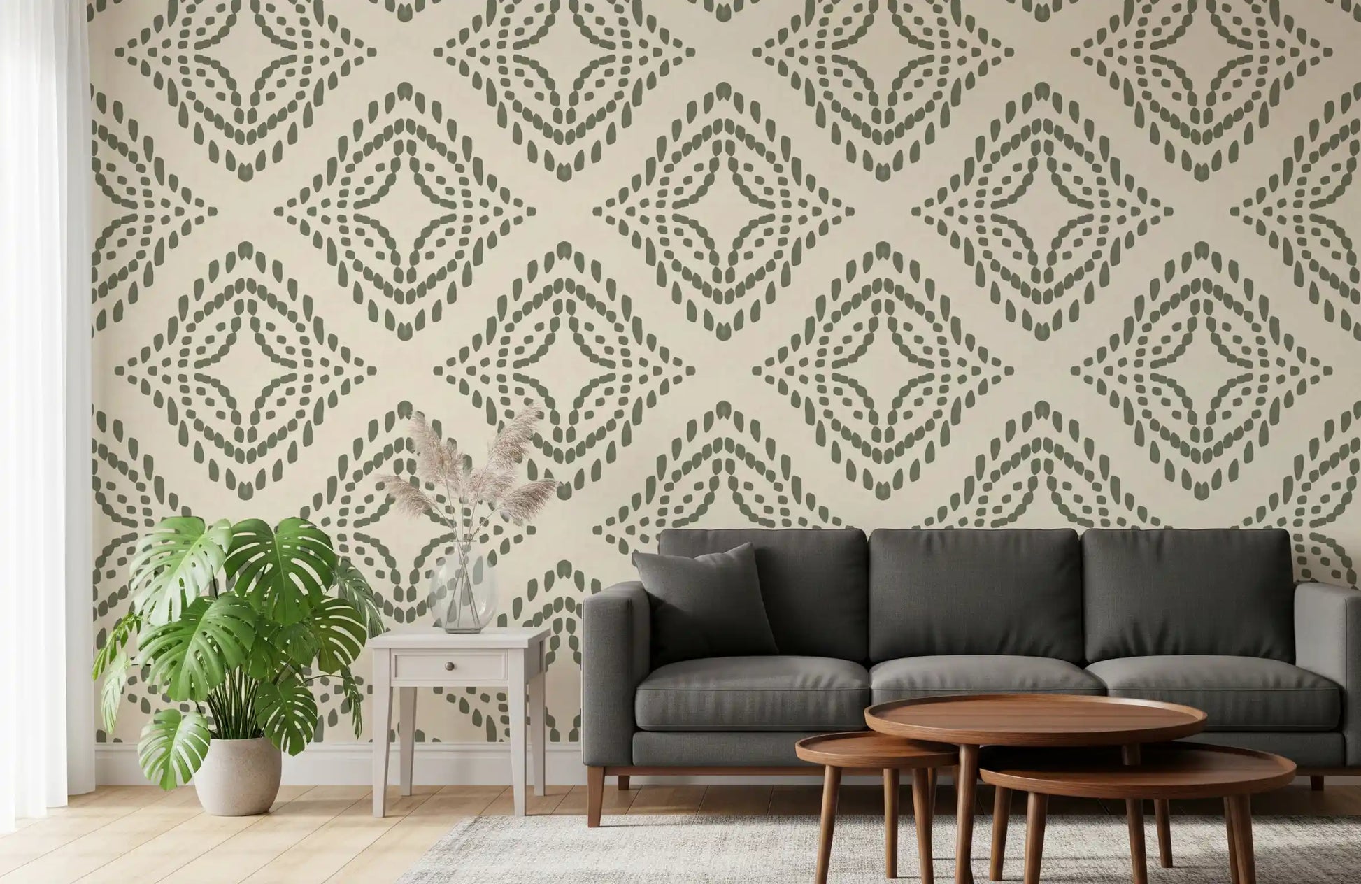Palm green block ornament wallpaper with dotted diamonds on a cream linen ground