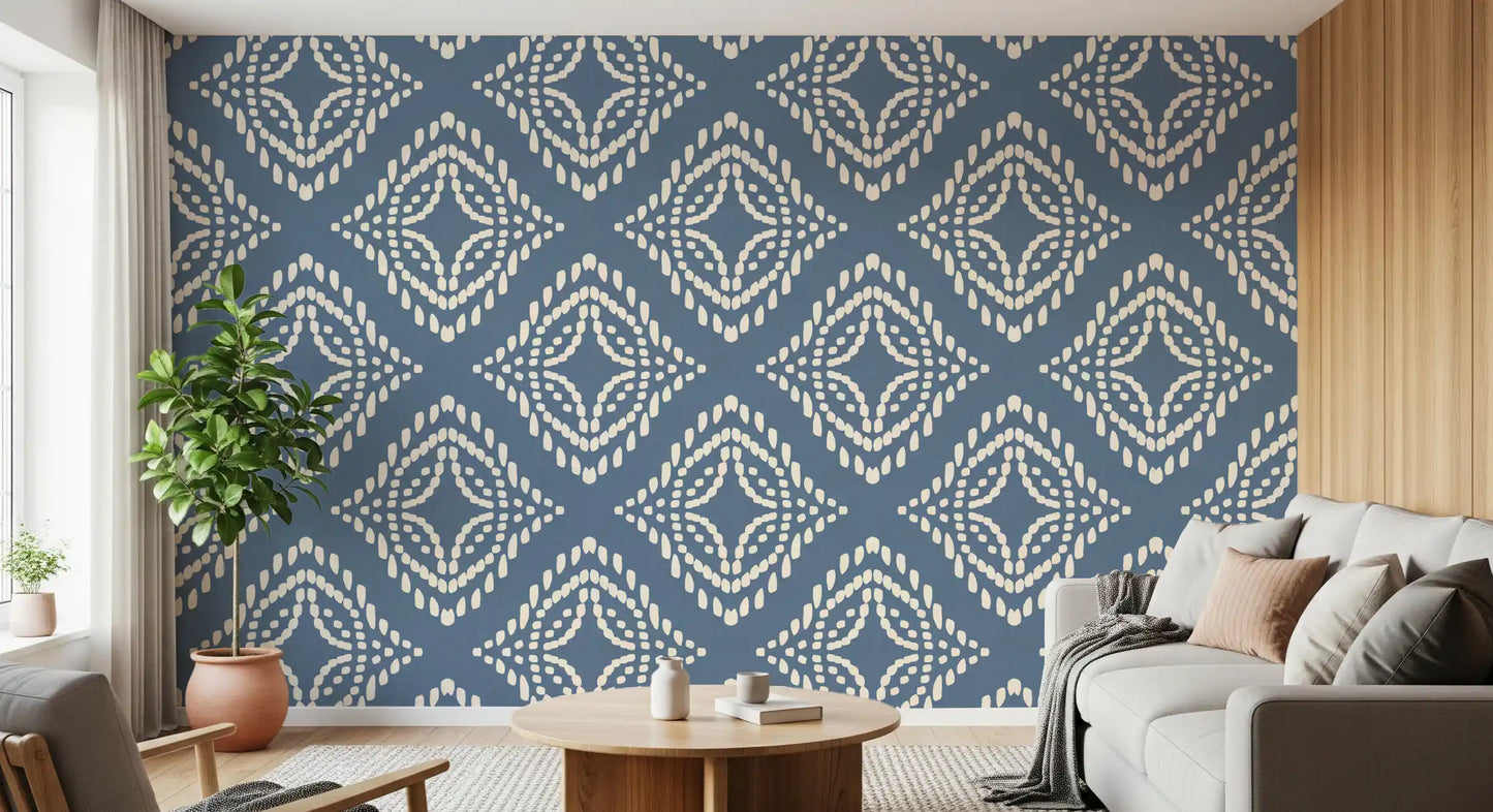 Ivory diamond ornaments give this living room a deep slate blue boho wallpaper