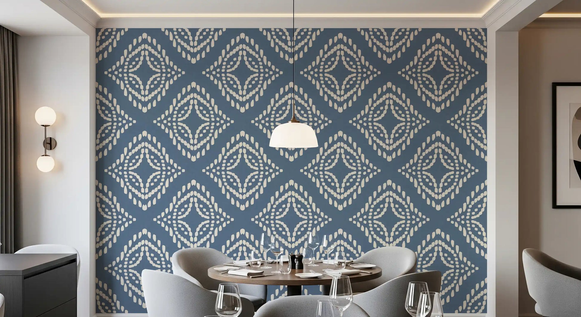 Cream dashes gather into a sharp diamond at the core of this canvas wallpaper