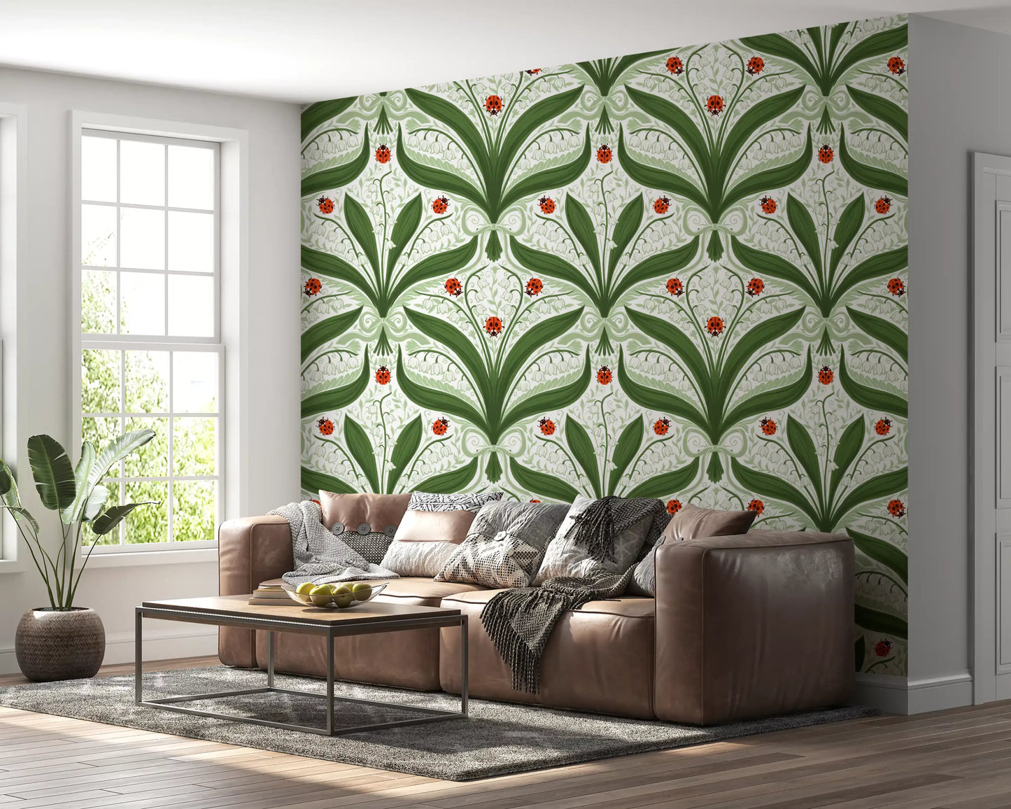 Botanical ladybug wallpaper sets a cheerful tone in this Hallway 