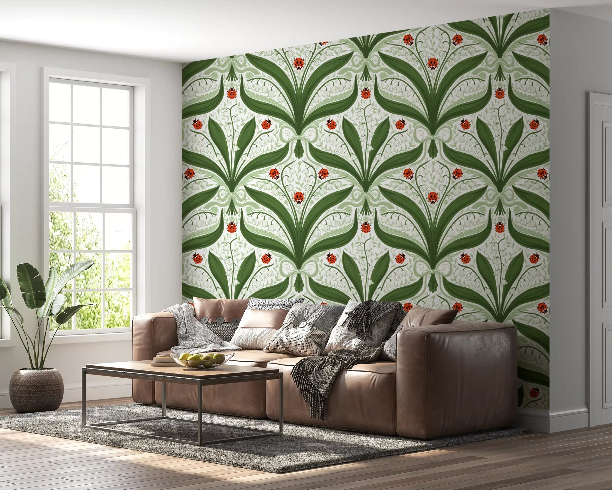 Botanical ladybug wallpaper sets a cheerful tone in this Hallway 