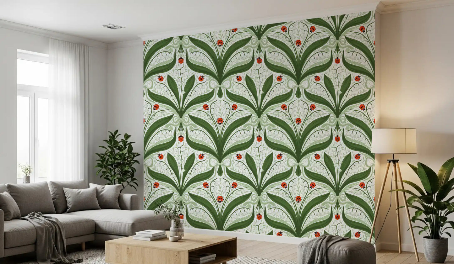 Folk-style ladybug wallpaper adds charm to a cosy open Living room