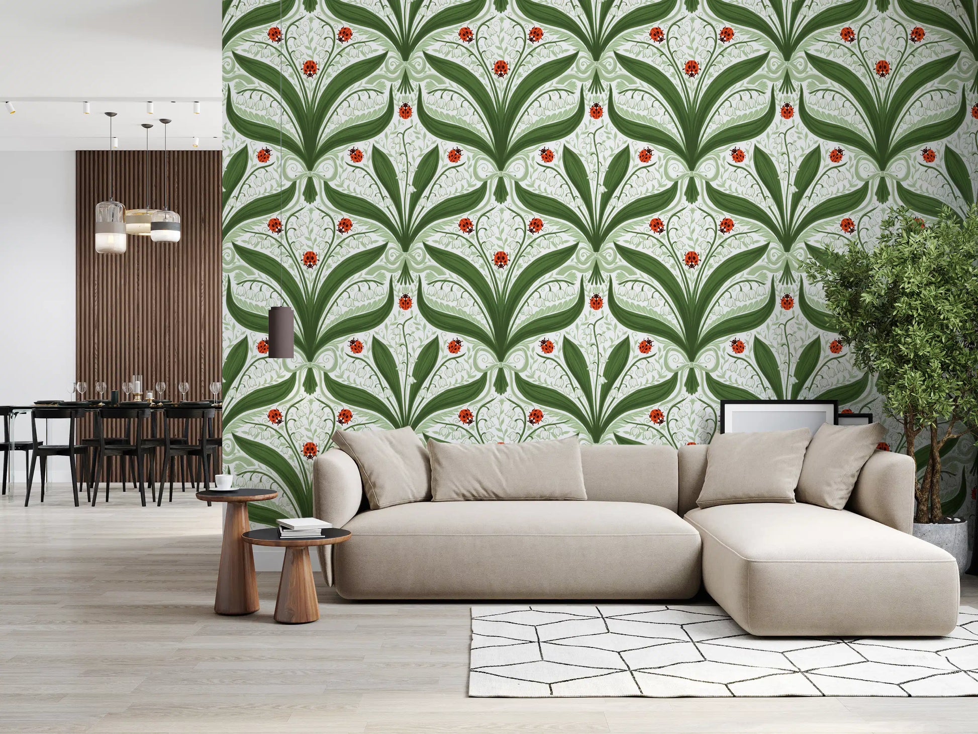 Ladybug and lily valley wallpaper warms this relaxed family lounge