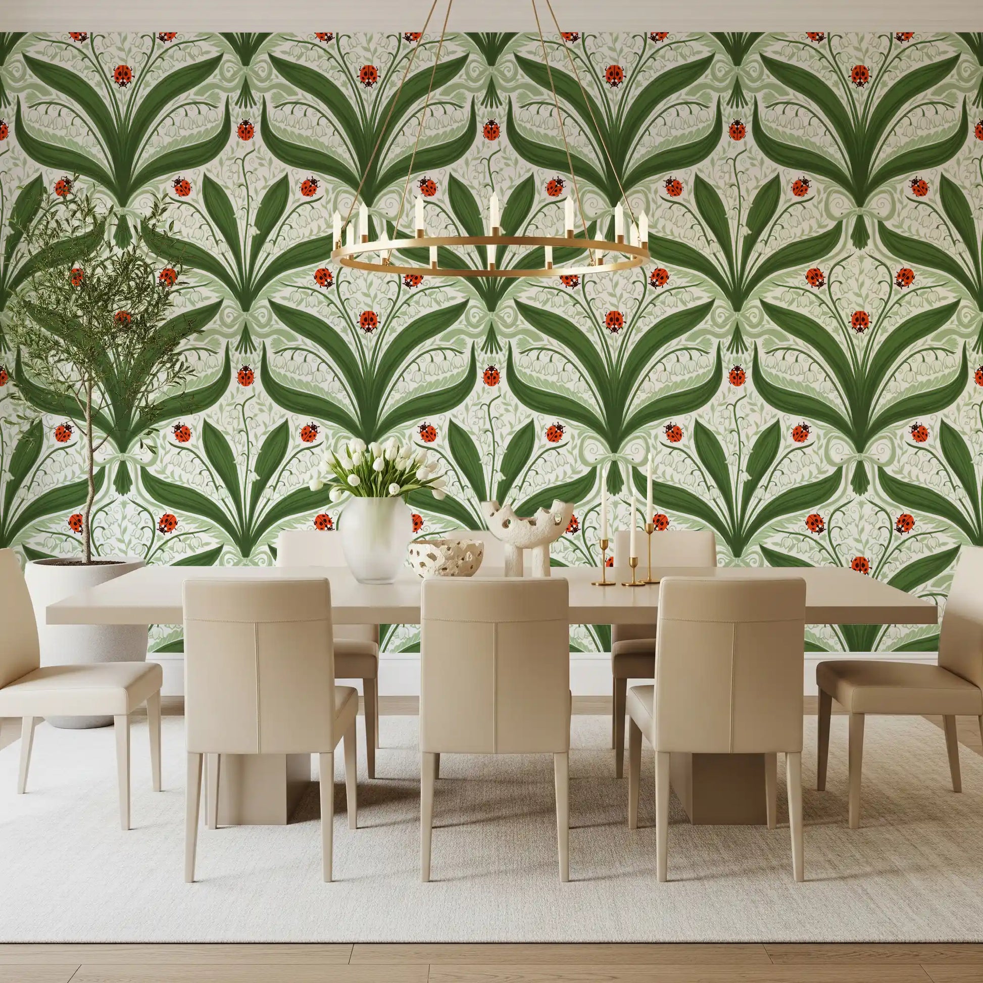 Scrolling foliage frames nodding lily of the valley blooms in this wallpaper