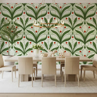 Scrolling foliage frames nodding lily of the valley blooms in this wallpaper
