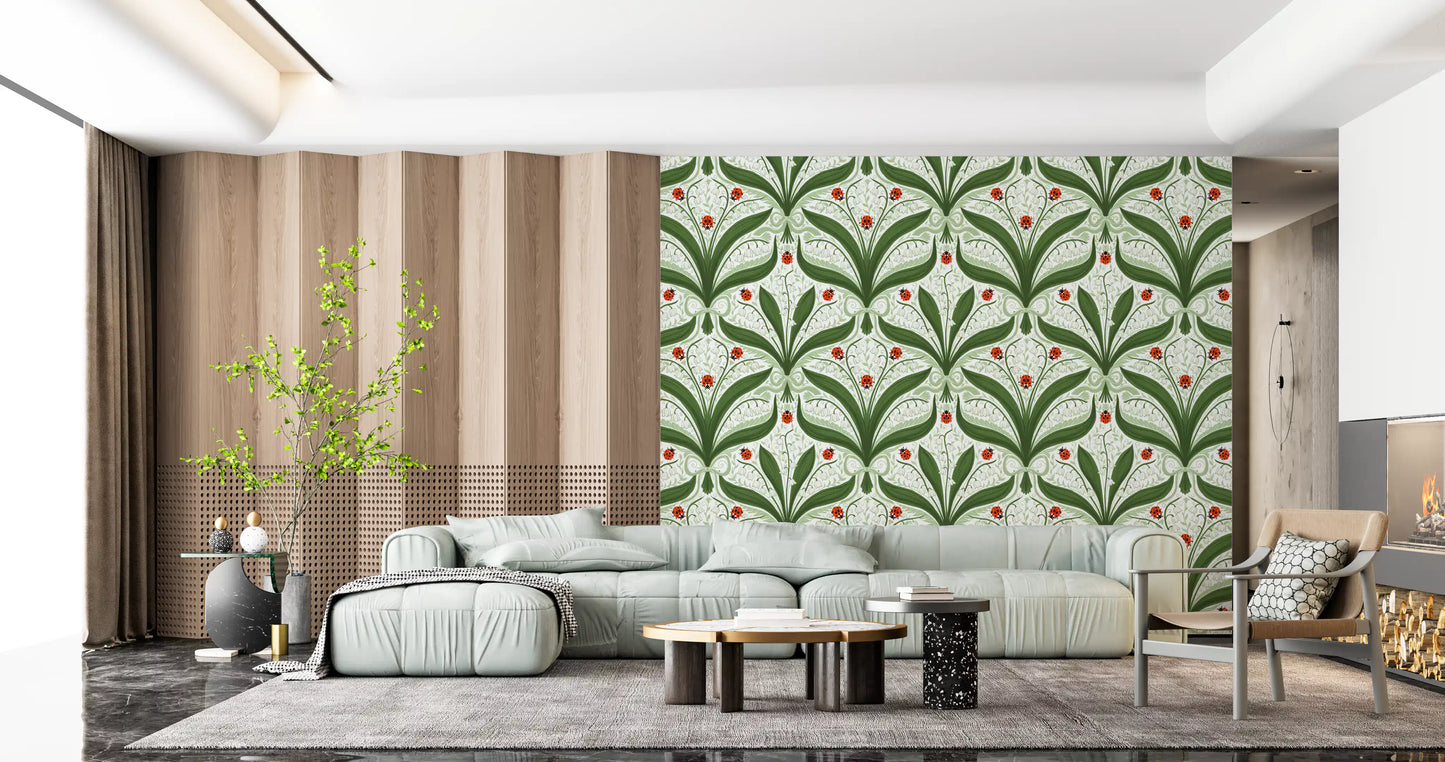 A storybook lily of the valley wallpaper anchors this bright Living room 