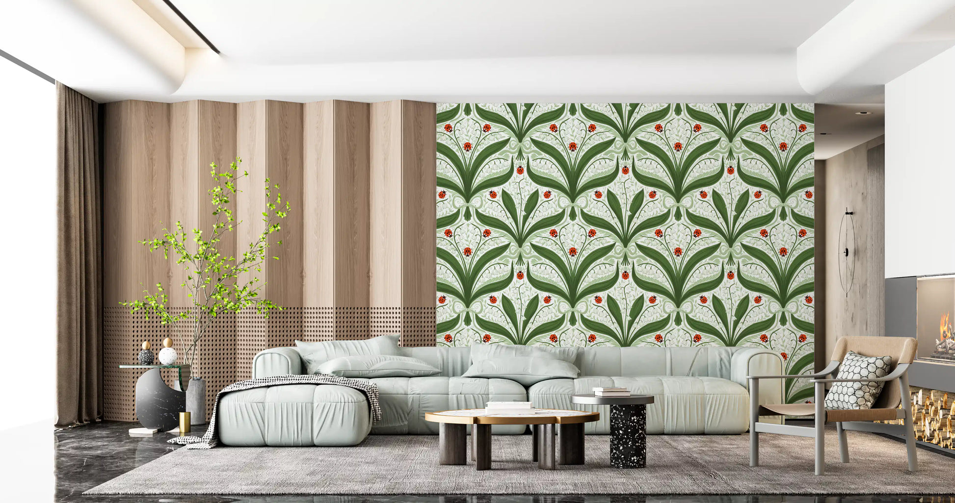 A storybook lily of the valley wallpaper anchors this bright Living room 