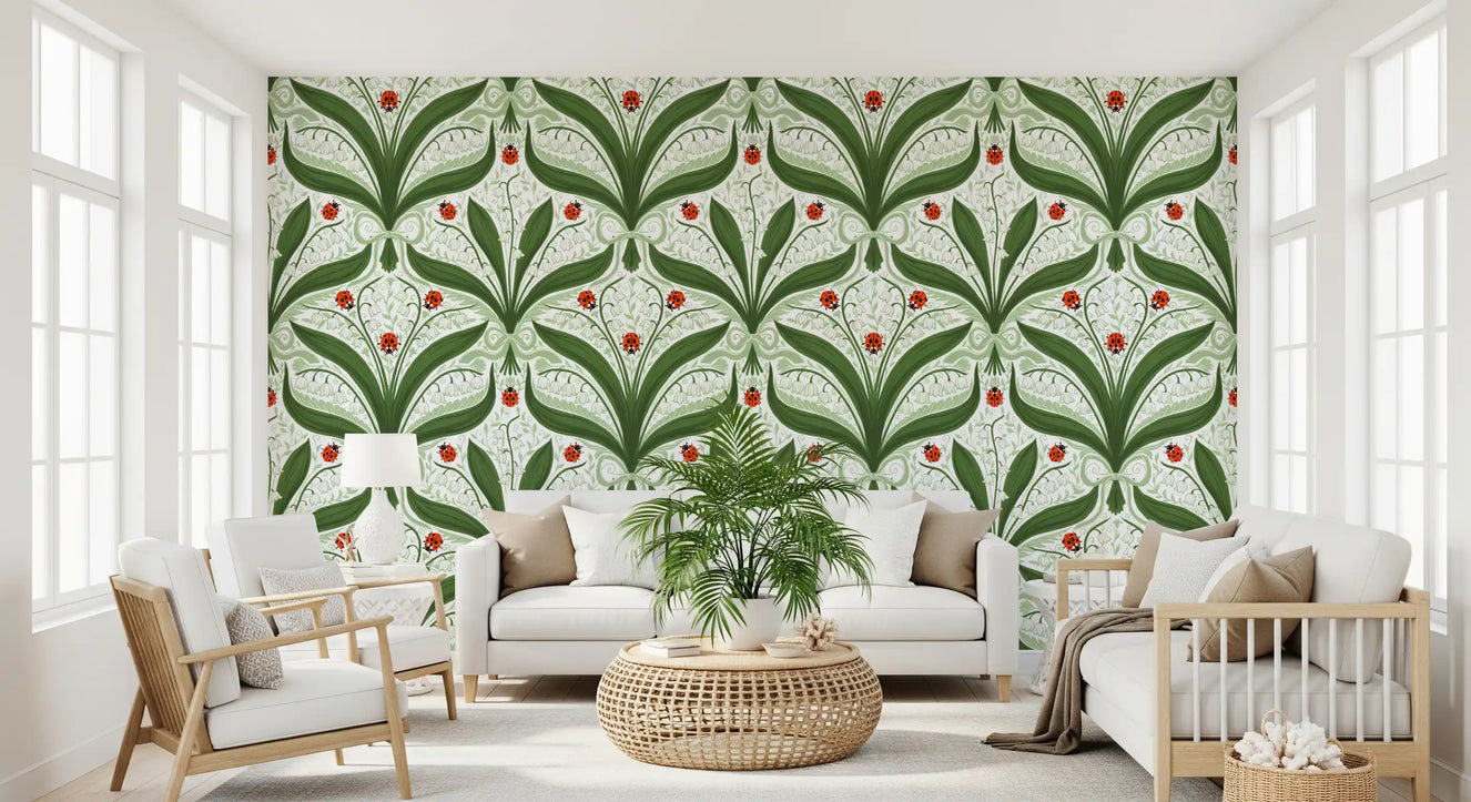 Lily of the valley and ladybugs symmetry in green, white and red Wallpaper⁠