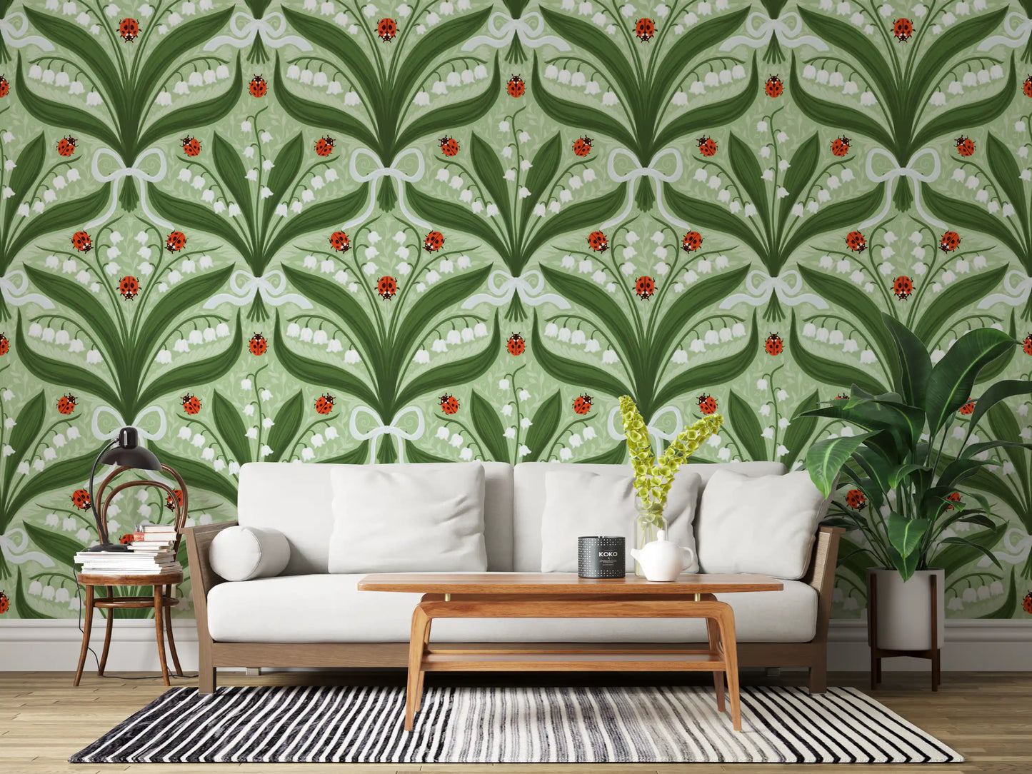 Lily of the valley and ladybugs symmetry in green, white and red 2 Wallpaper⁠
