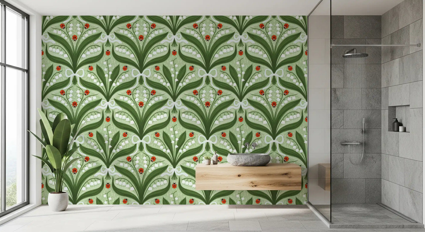Lily of the valley and ladybugs symmetry in green, white and red 2 Wallpaper⁠