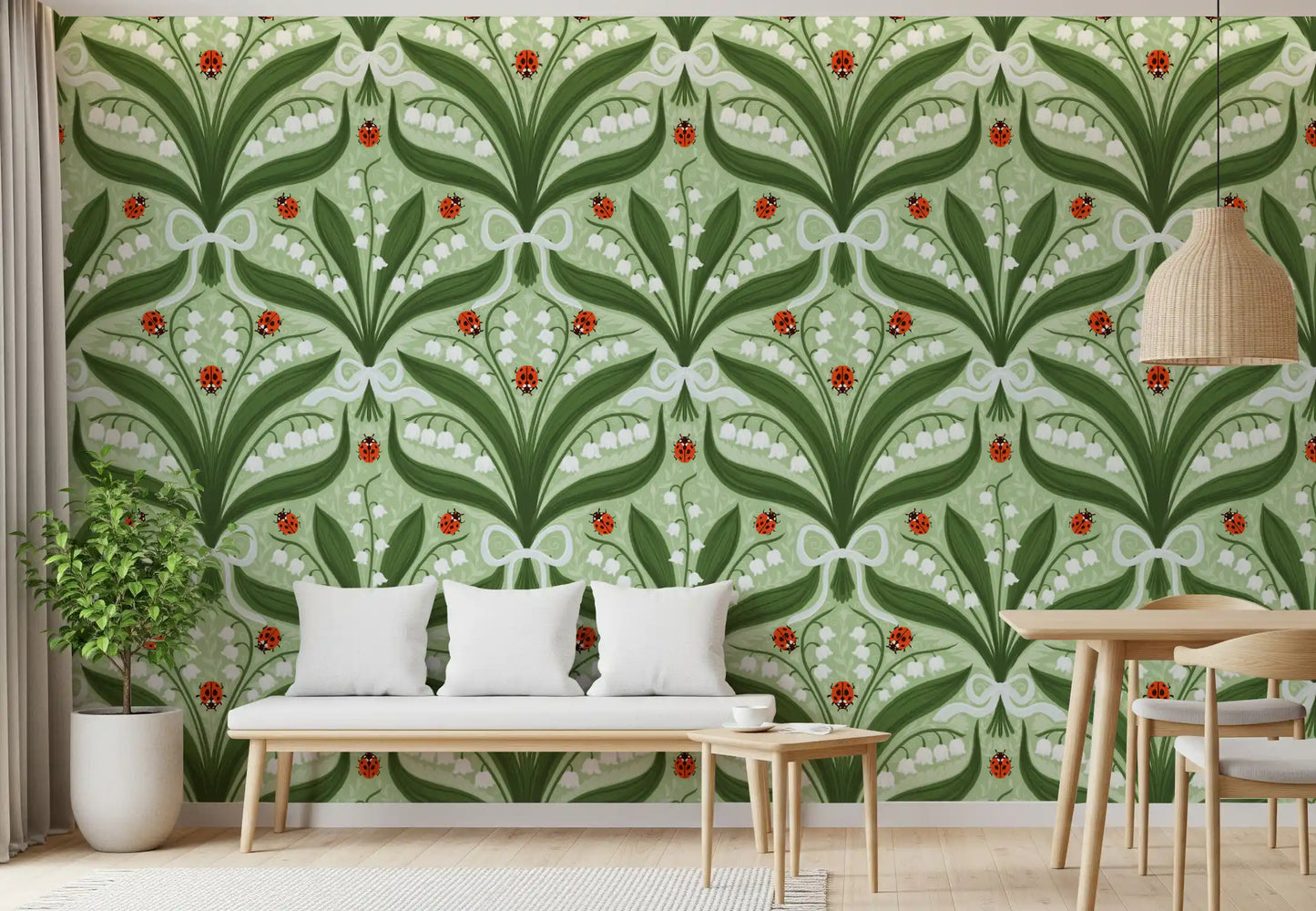 Lily of the valley and ladybugs symmetry in green, white and red 2 Wallpaper⁠