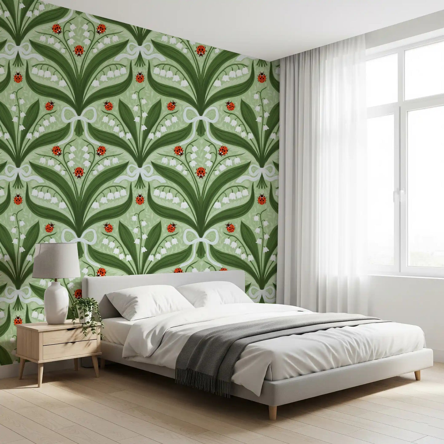 Lily of the valley and ladybugs symmetry in green, white and red 2 Wallpaper⁠