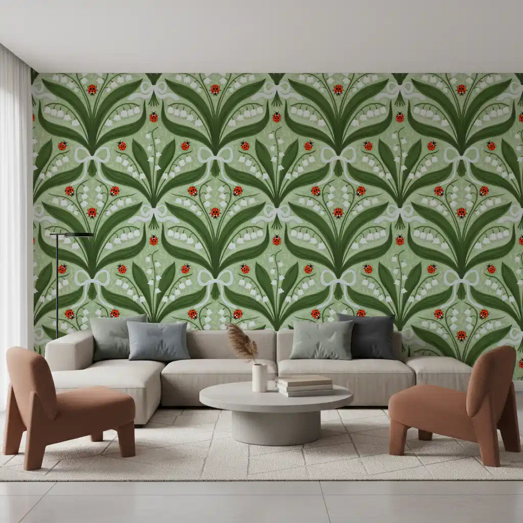 Lily of the valley and ladybugs symmetry in green, white and red 2 Wallpaper⁠