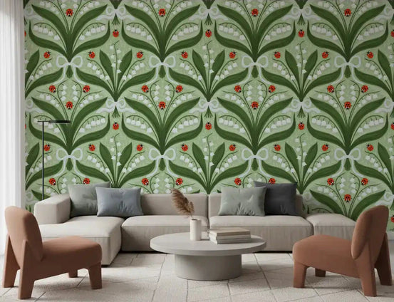 Lily of the valley ladybug wallpaper gives a calm living room folk symmetry