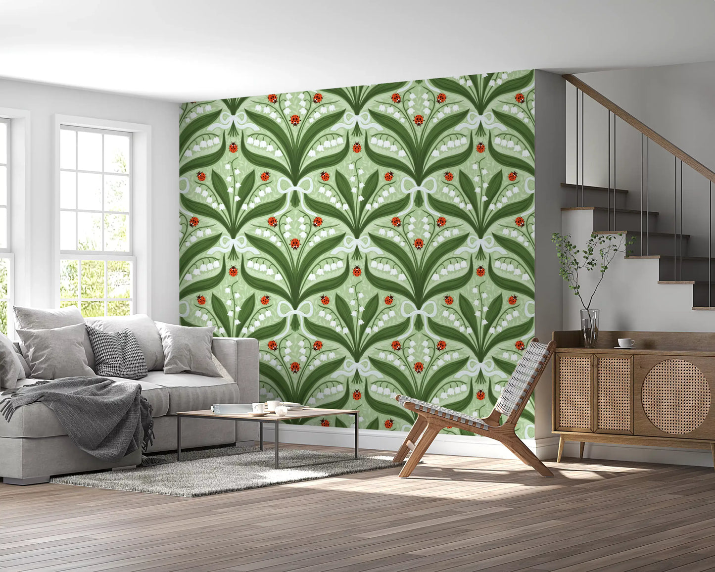 Lily of the valley and ladybugs symmetry in green, white and red 2 Wallpaper⁠
