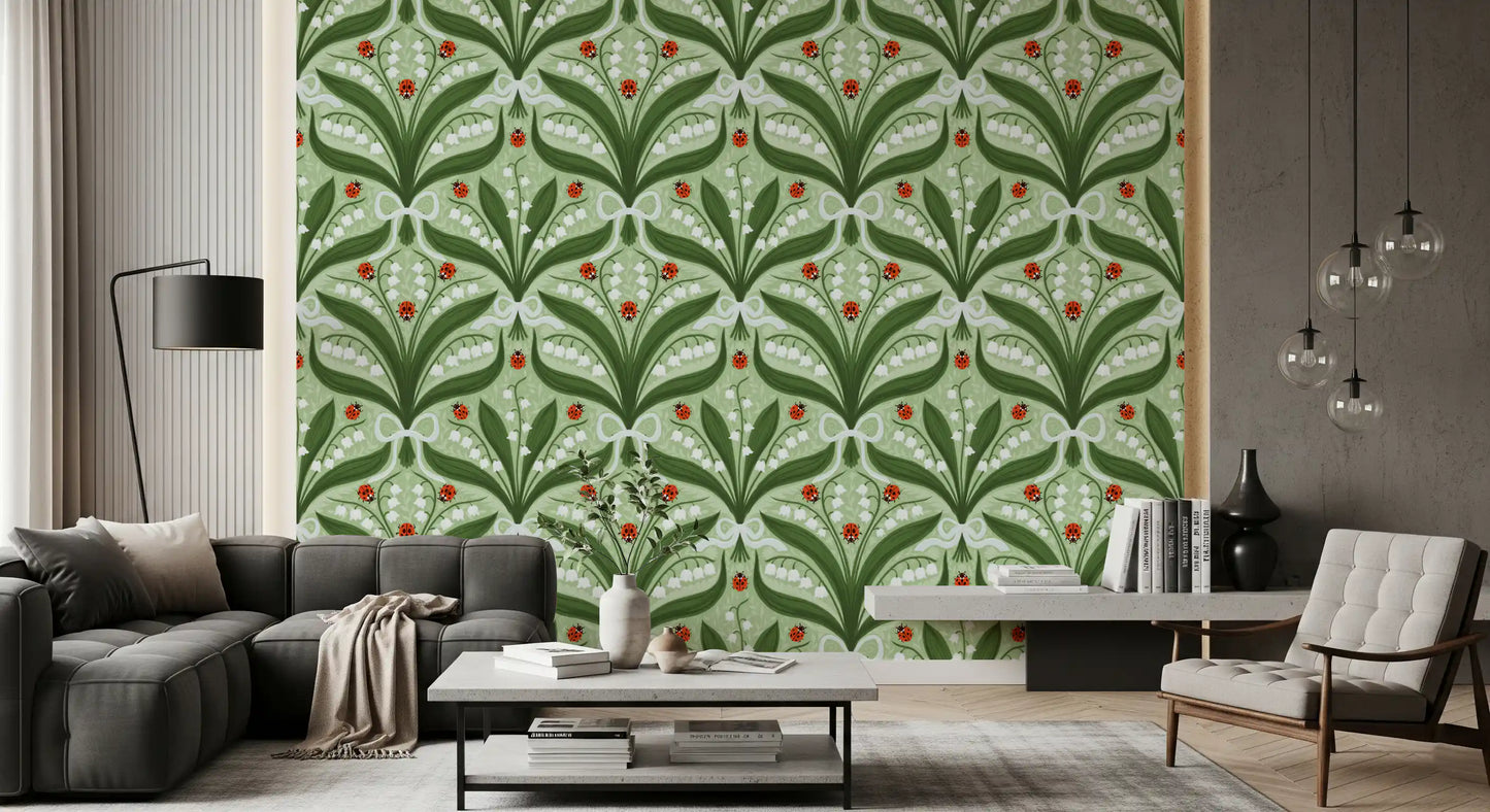 Lily of the valley and ladybugs symmetry in green, white and red 2 Wallpaper⁠