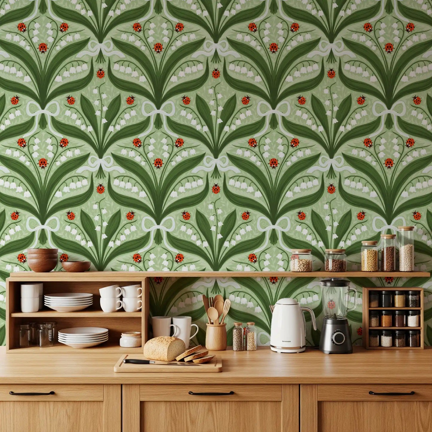 Lily of the valley and ladybugs symmetry in green, white and red 2 Wallpaper⁠