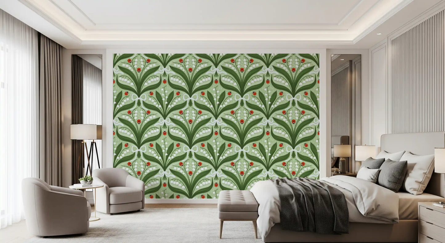 Lily of the valley and ladybugs symmetry in green, white and red 2 Wallpaper⁠