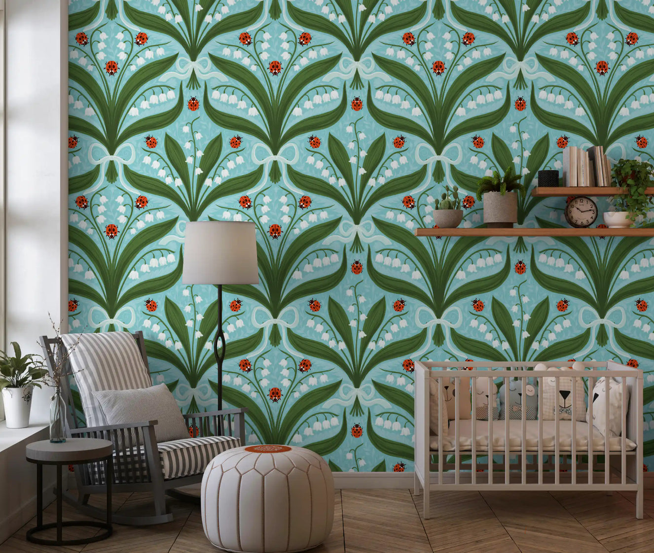 Lily of the valley and ladybugs symmetry in green, white and red 3 Wallpaper⁠