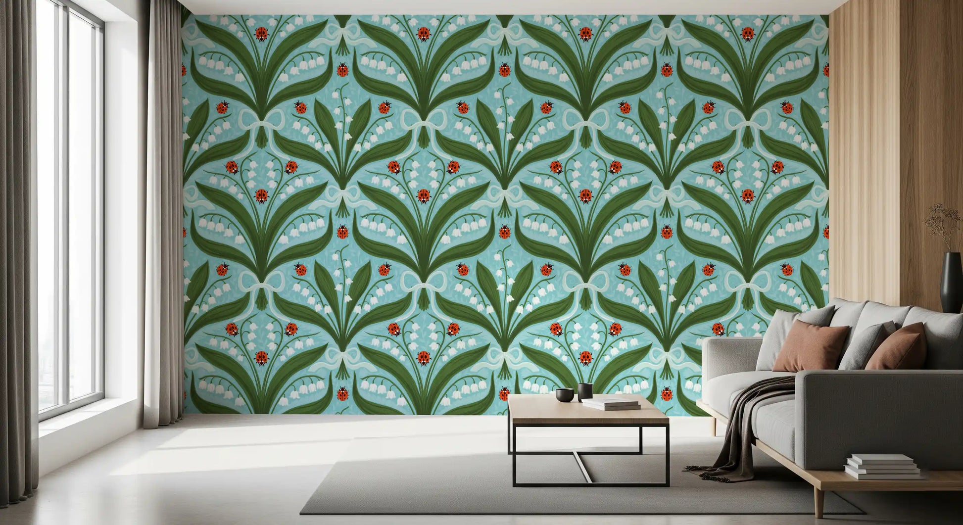 Cottage-garden lily wallpaper adding charm to a light-filled Hallway 