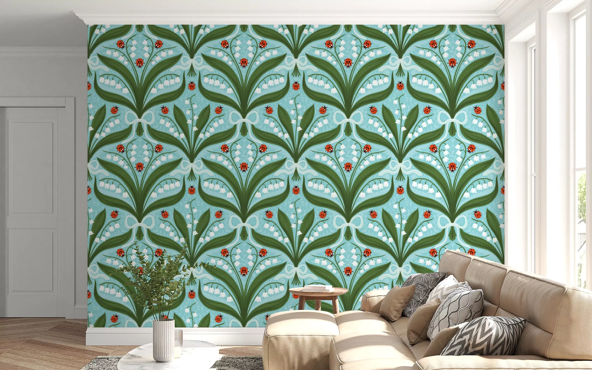 Cheerful ladybug and bell-flower wallpaper energising a family living room