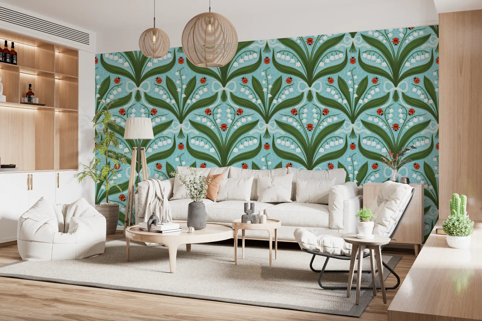 Green and aqua botanical wallpaper warming a relaxed lounge setting