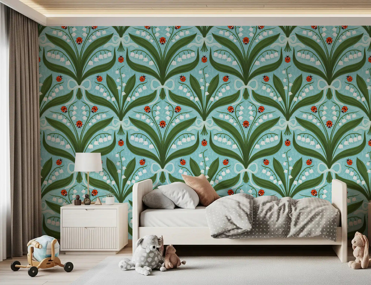 Mirrored floral wallpaper anchoring a serene Kids bedroom in green and white