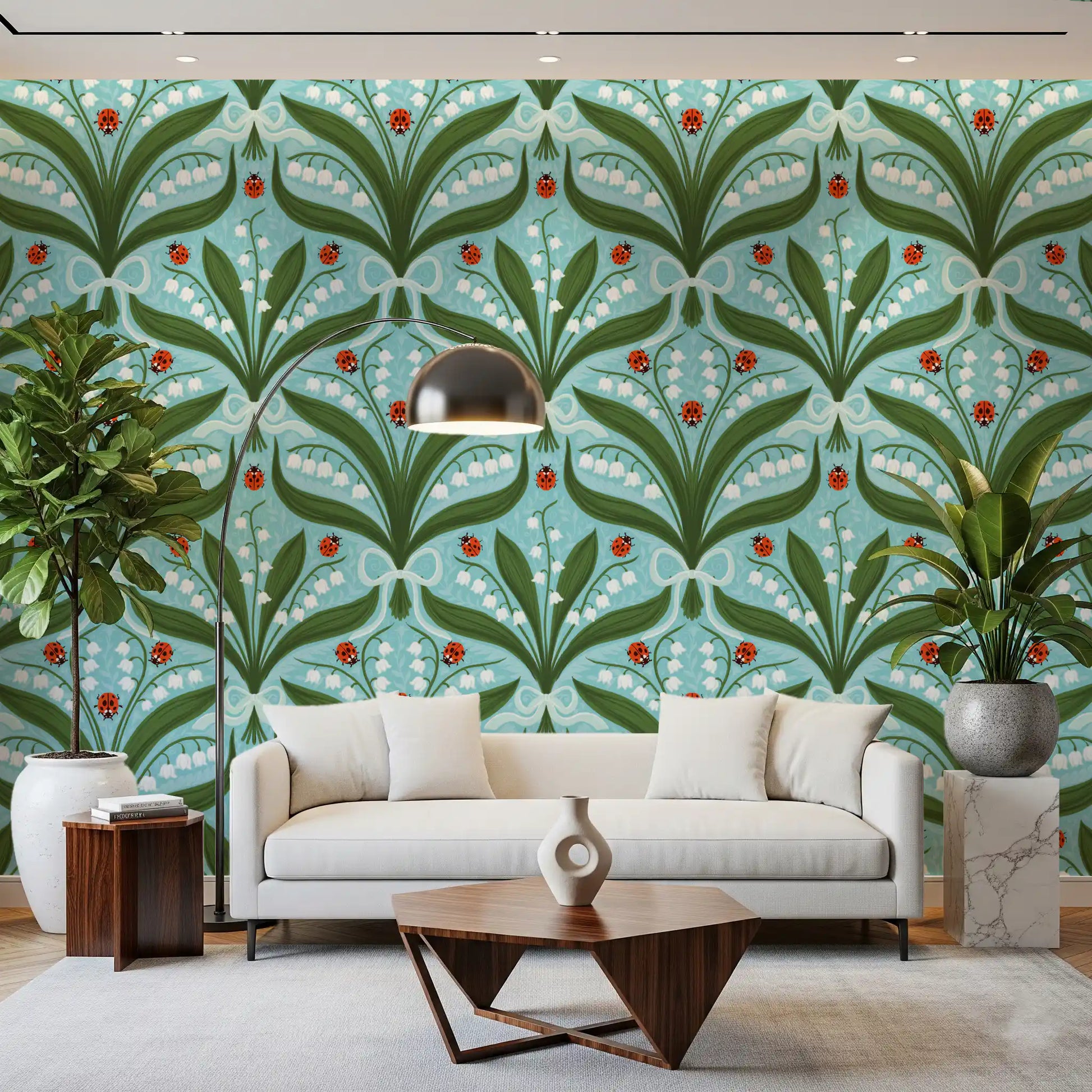 Mirrored leaf clusters frame each bloom on the lily and ladybug wallpaper