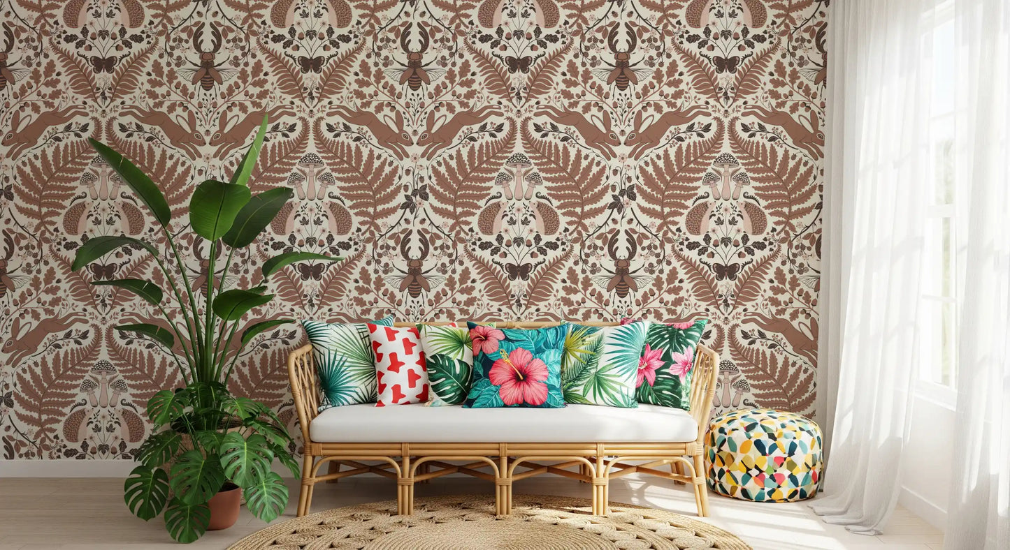 Woodland Whispers/Owls and Squirrels in the Oak/mocha mousse brown and arona blue Wallpaper⁠