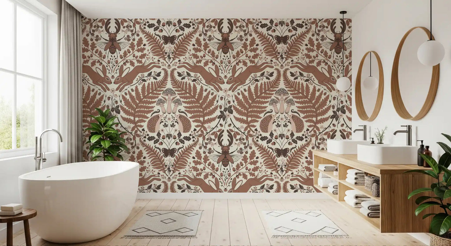 Woodland Whispers/Owls and Squirrels in the Oak/mocha mousse brown and arona blue Wallpaper⁠