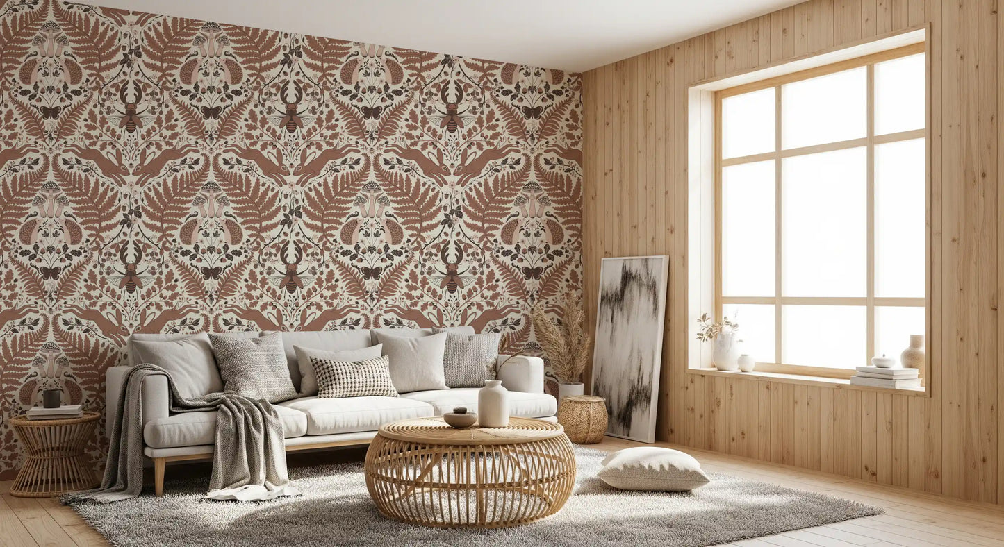Woodland Whispers/Owls and Squirrels in the Oak/mocha mousse brown and arona blue Wallpaper⁠