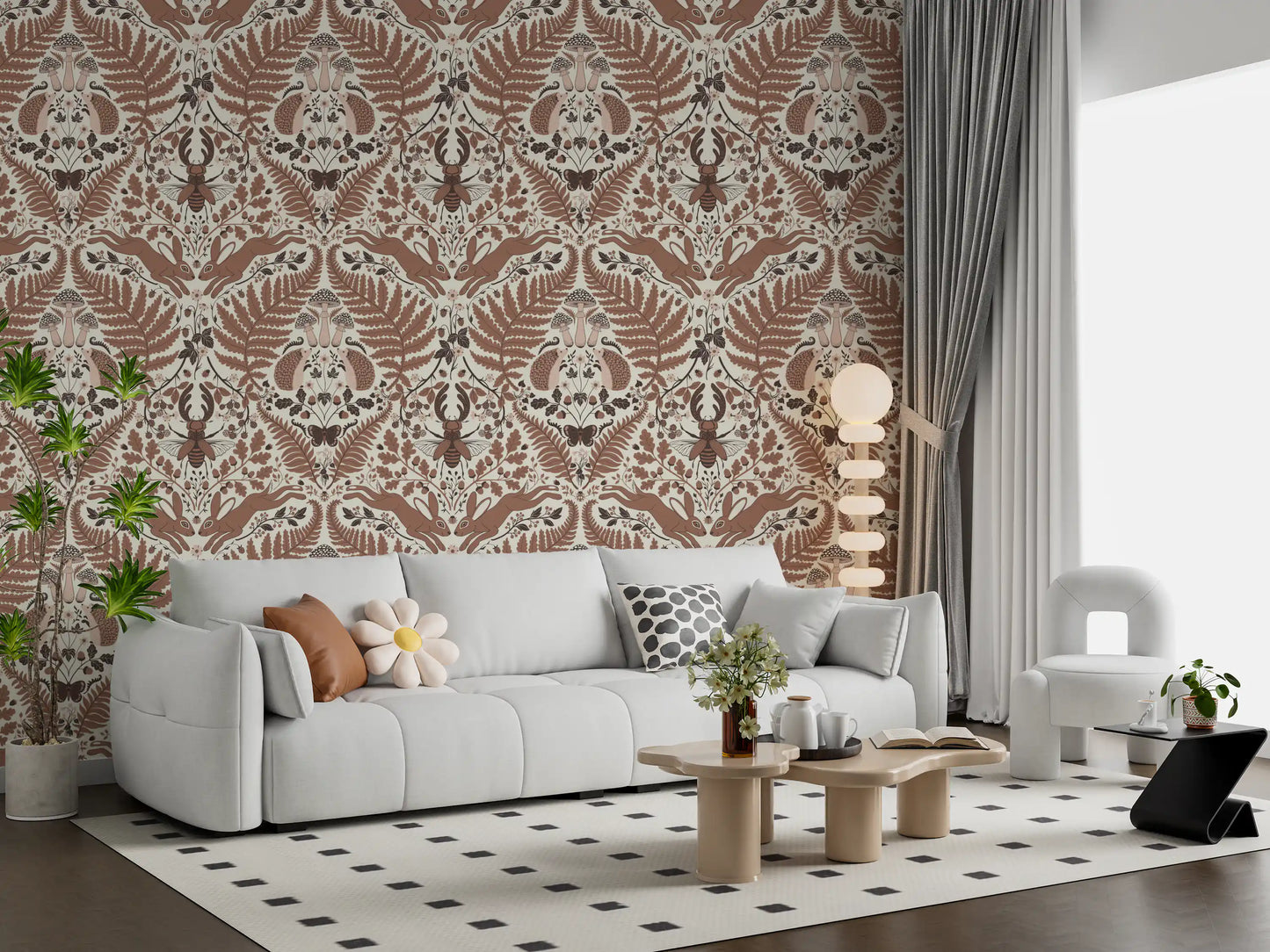 Woodland Whispers/Owls and Squirrels in the Oak/mocha mousse brown and arona blue Wallpaper⁠