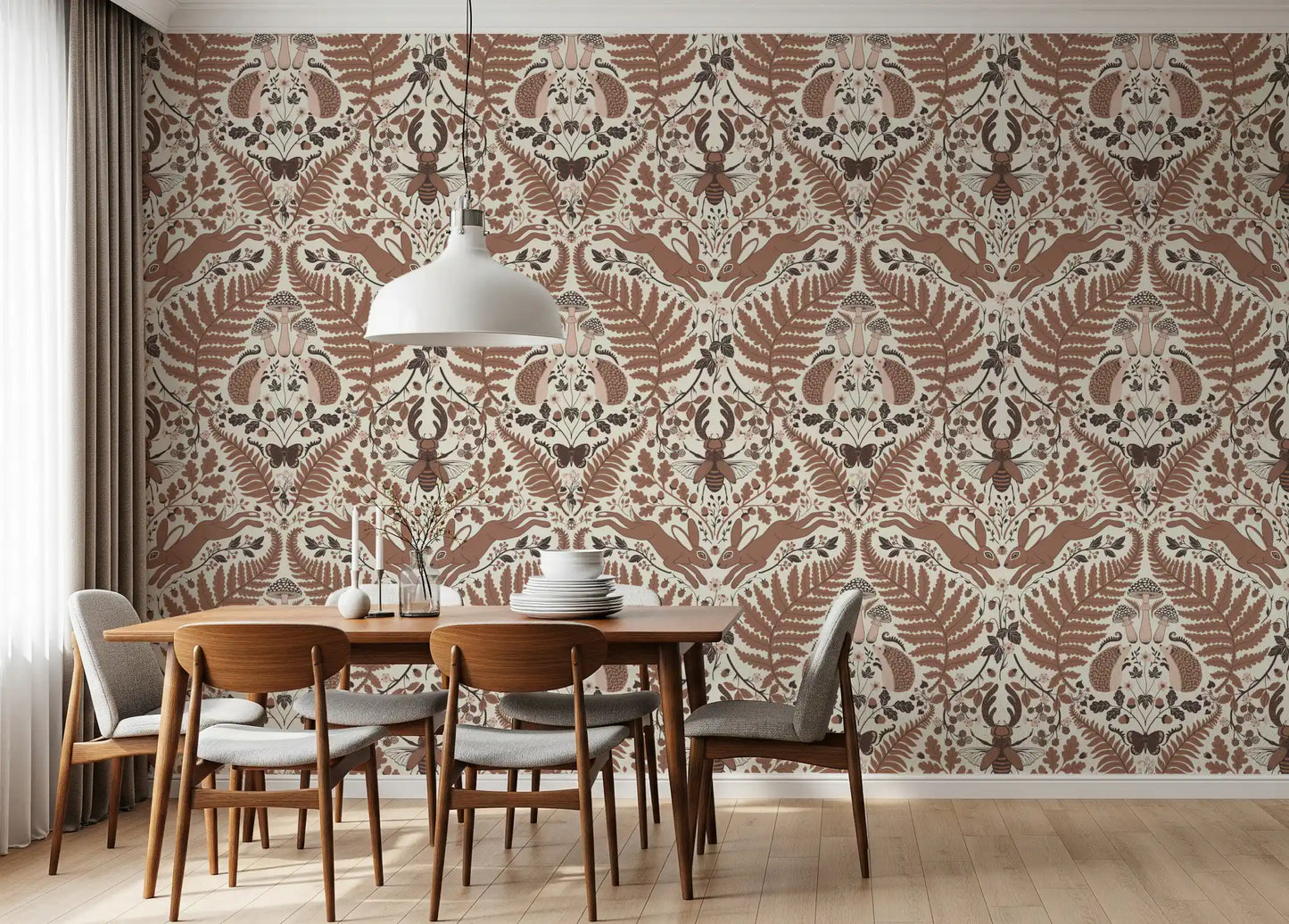 Woodland Whispers/Owls and Squirrels in the Oak/mocha mousse brown and arona blue Wallpaper⁠