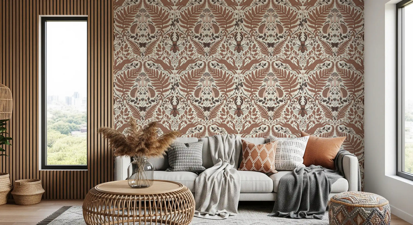 Woodland Whispers/Owls and Squirrels in the Oak/mocha mousse brown and arona blue Wallpaper⁠