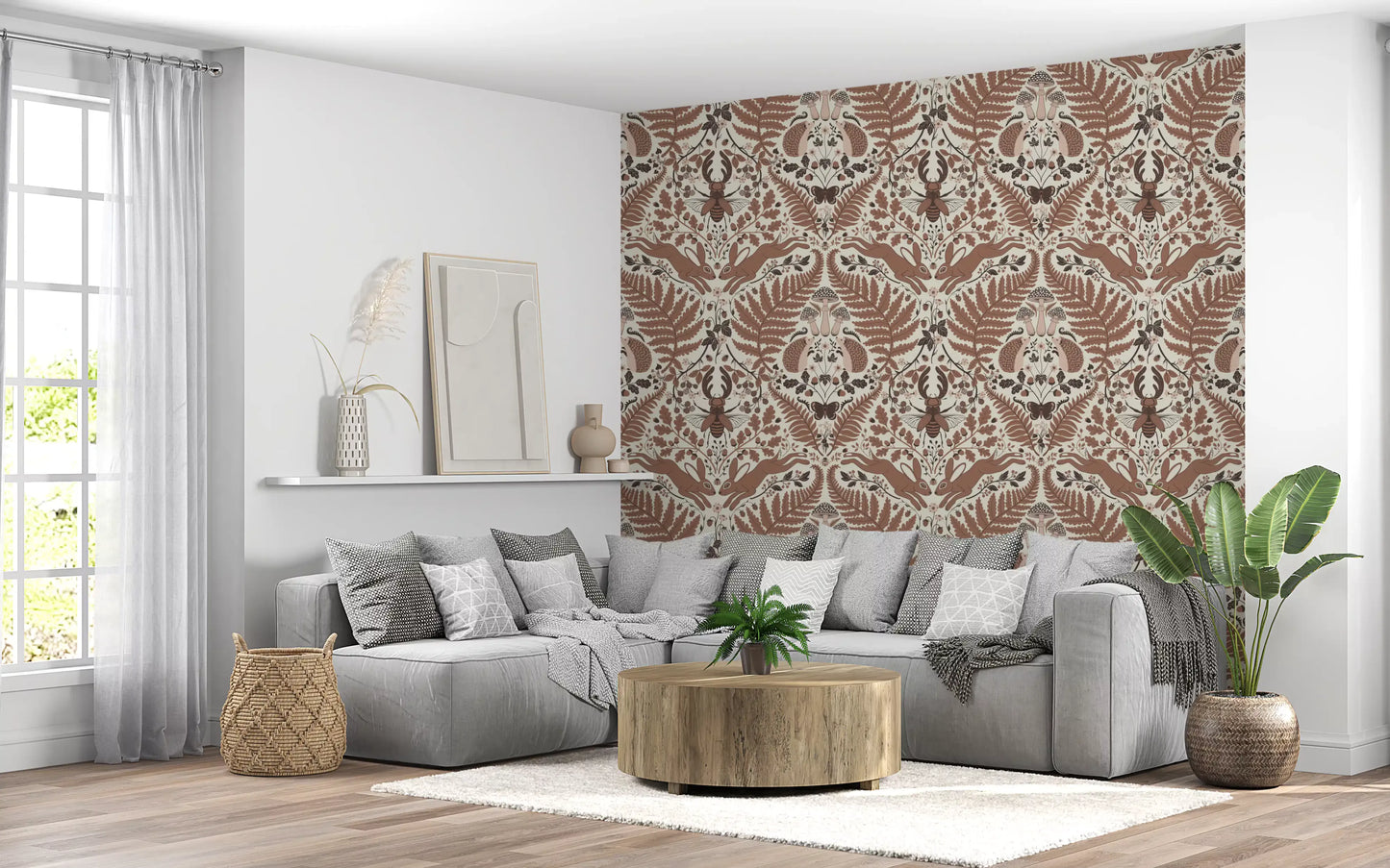Woodland Whispers/Owls and Squirrels in the Oak/mocha mousse brown and arona blue Wallpaper⁠