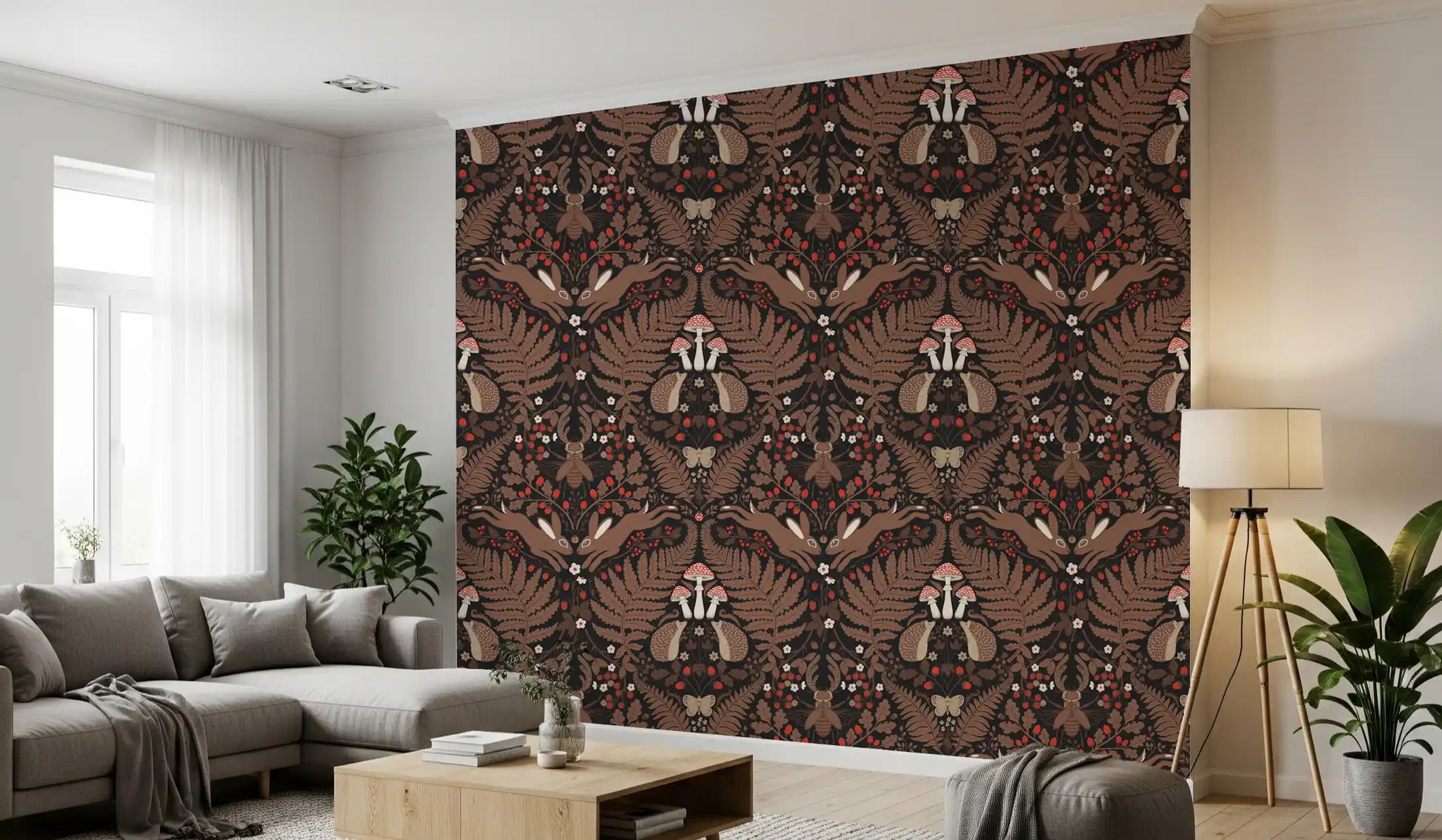 Calm living room layered with red and brown woodland plants wallpaper