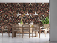 Clustered toadstools and red berries lift the folk woodland wallpaper repeat