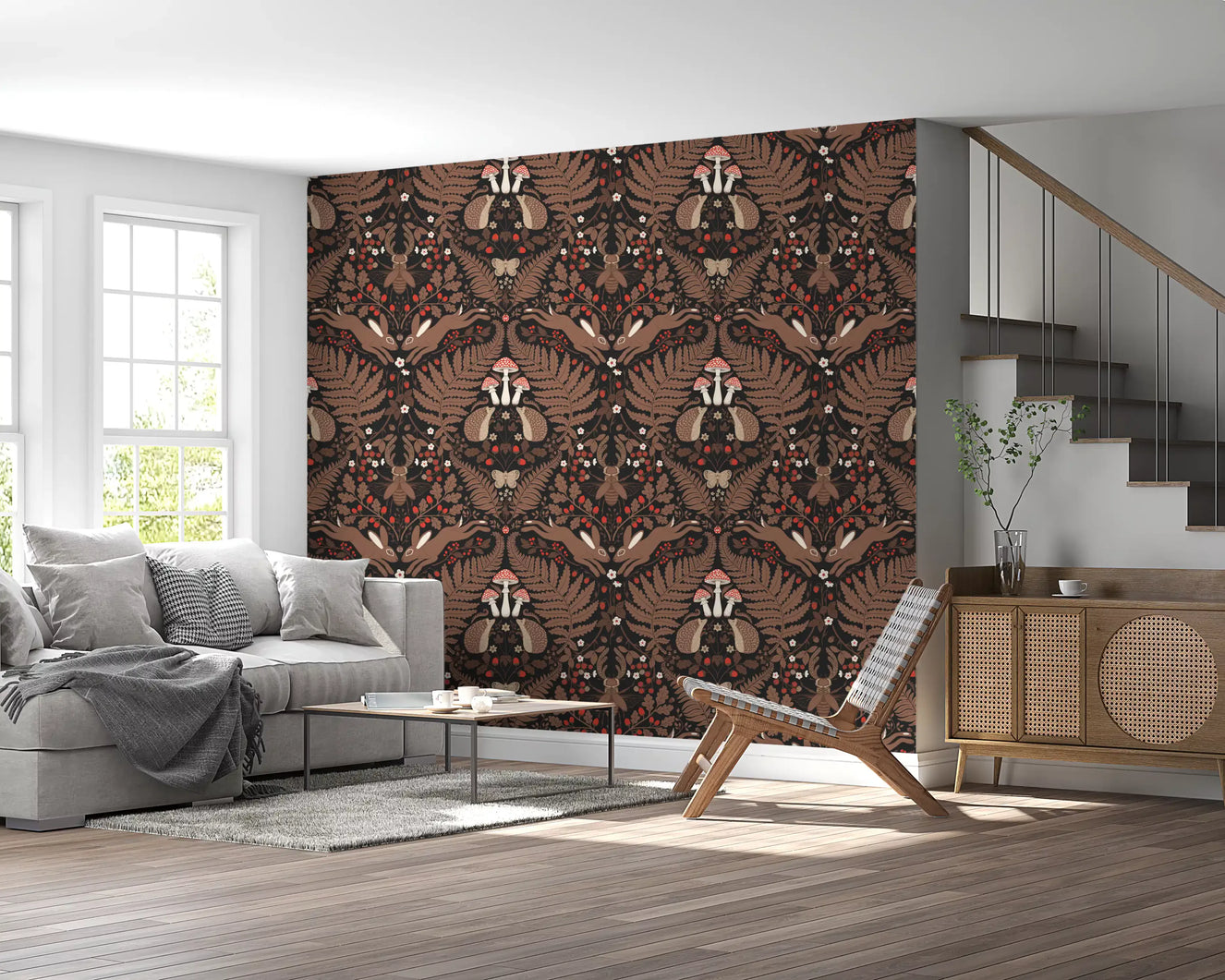 Woodland animals and plants in red and brown Wallpaper⁠
