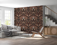Lounge styled with folk woodland animal wallpaper in deep brown and red