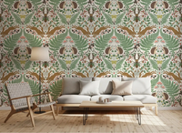 Woodland animals wallpaper in sage and ochre warms a calm living room