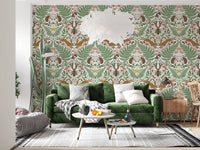 Mirrored sage ferns frame toadstools and hedgehogs in this woodland wallpaper