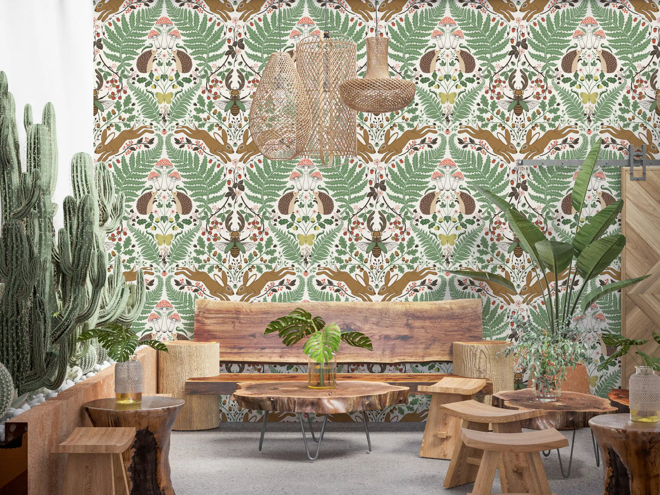 Woodland animals and plants in sage and ochre Wallpaper⁠
