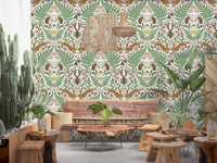 Hedgehog and hare wallpaper sets a storybook tone in this restaurant dining area